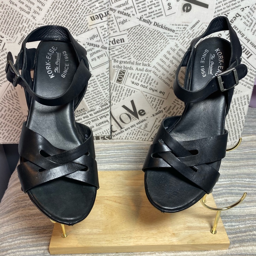 Kork-Ease Black Clog Open-Toe Heels w/Straps Gently Worn Once Size 10/42 Women’s